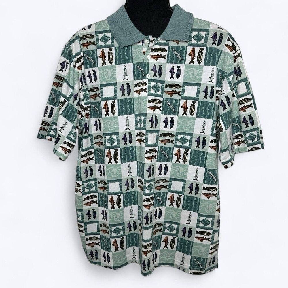 Vintage 90s Casual Pointe Polo Shirt Mens Sz‎ L All Over Fish Print Outdoor NEW